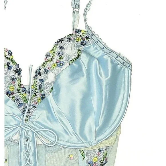 For Love & Lemons Blue Floral Embroidered Bustier Bralette Corset Top | Coquette - Picture 4 of 15